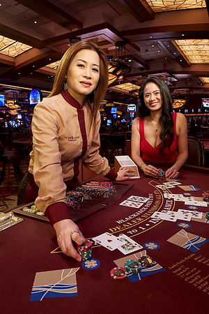 Portrait of a blackjack dealer in a Casino at a blackjack table dealing cards with a woman playing cards smiling at the camera.