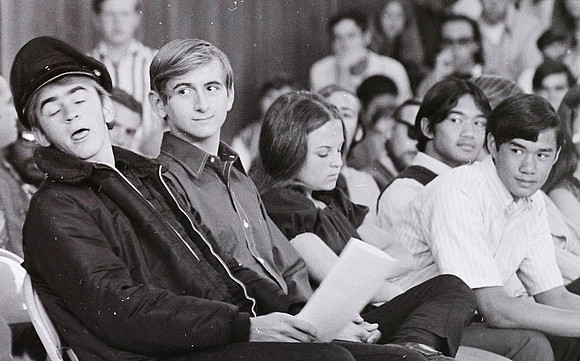 Ayer HS 1972 16 Jon Cummins falls asleep-Frank Threadway-Becky Marty Lew Loren